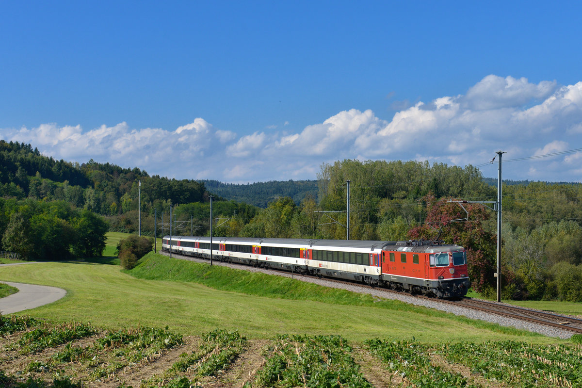 Re 4/4 11143 mit einem IC am 23.09.2017 bei Lottstetten. 