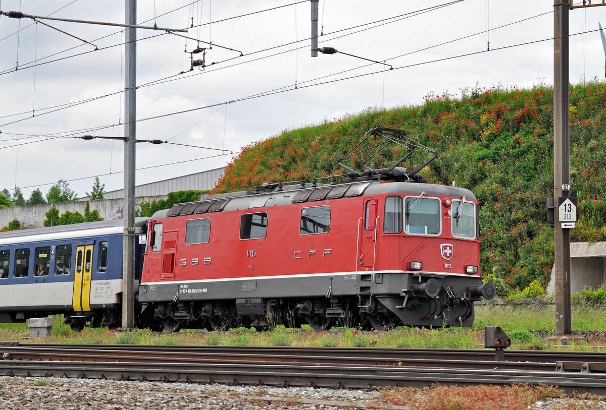 Re 4/4 II 11135 durchfährt den Bahnhof Pratteln. Die Aufnahme stammt vom 24.05.2016.
