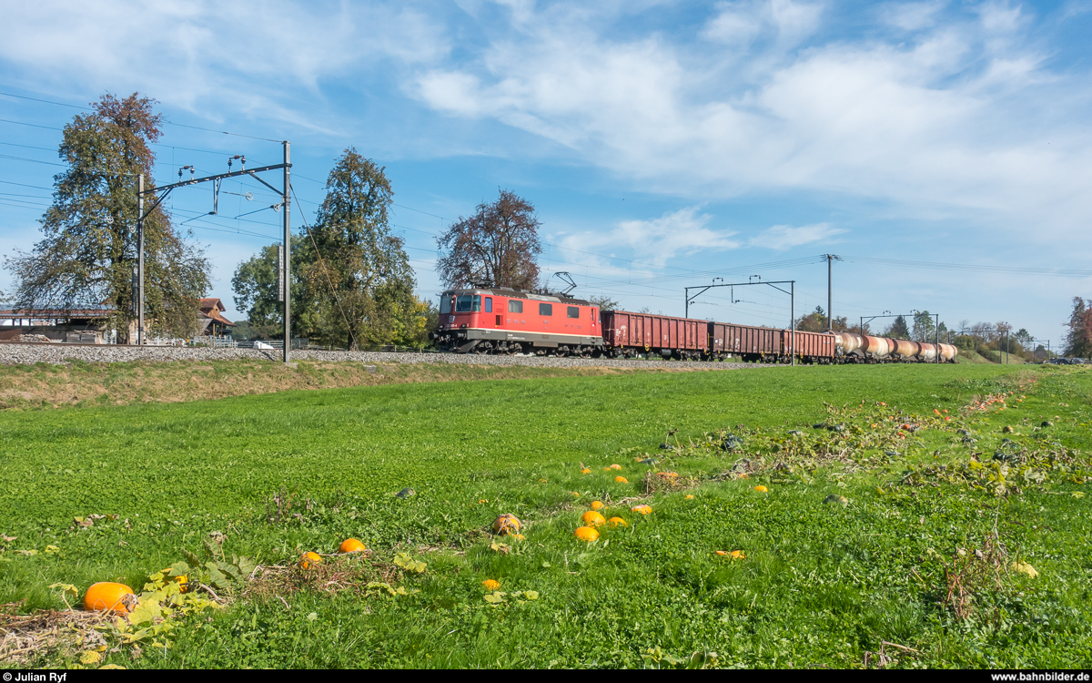 Re 4/4 II 11240 mit einem Güterzug am 13. Oktober 2017 zwischen Amriswil und Oberaach.