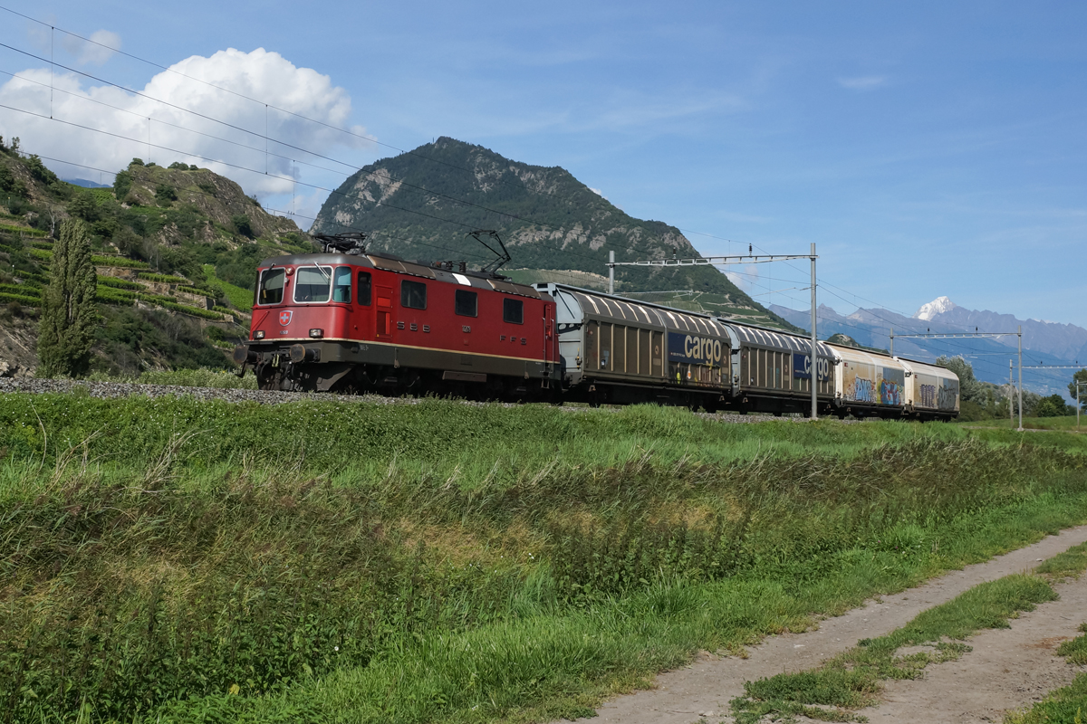 Re 4/4 II 11269 befindet sich am 24.08.2014 mit einem kurzen Güterzug bei St-Léonard.