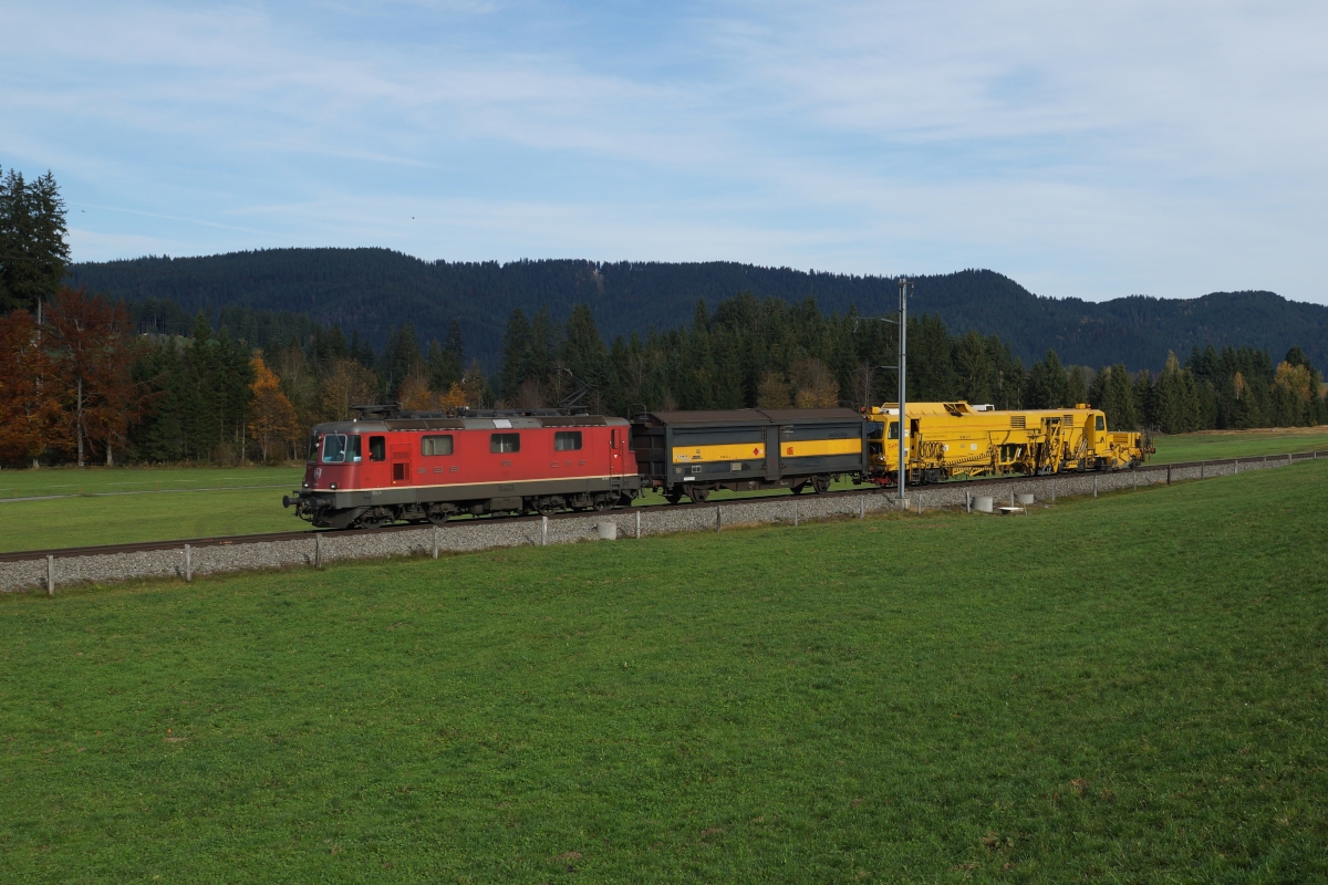 Re 4/4 II 11296 verlsst am 26.10.2013 mit einem kurzen Bauzug Altmatt in Richtung Rothenthurm.