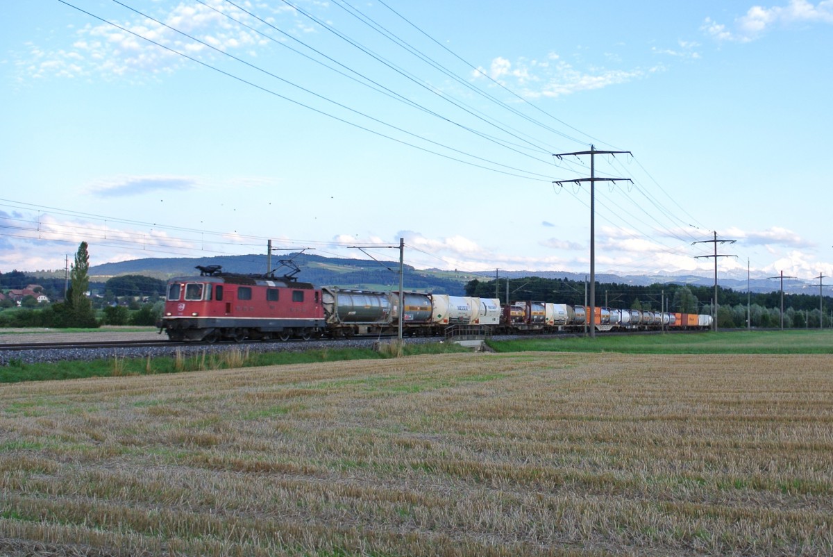 Re 4/4 II 11343 mit Gterzug bei Allmendingen, 18.08.2014.