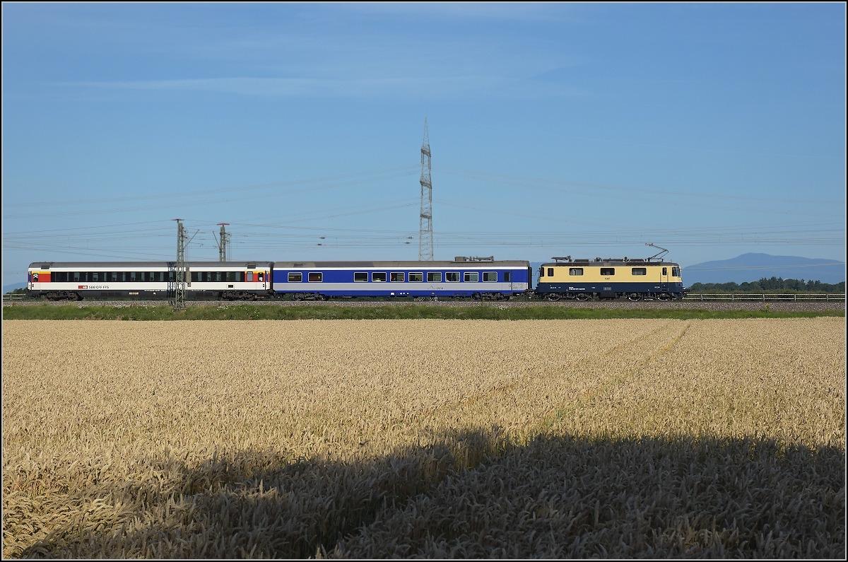 Re 4/4 II 11387 im Markgräflerland auf ihrem Weg nach Berlin. Der Blick reicht bis zum 40 km entfernten großen Belchen im Elsass. Auggen, Juli 2020.