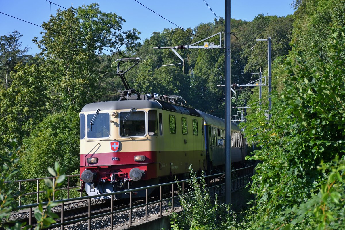 Re 4/4 II 11393 (421 393-0) nähert sich Neuhausen am Rheinfall am Morgen des 16.08.2020.