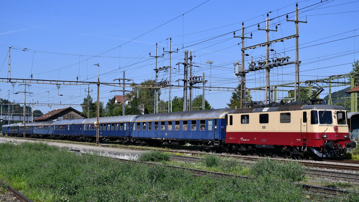 Re 4/4 II 11393 (421 393-0) hat Etzwilen erreicht und wird den Sonderzug an die Em 3/3 weitergeben, aufgenommen am Vormittag des 16.08.2020.