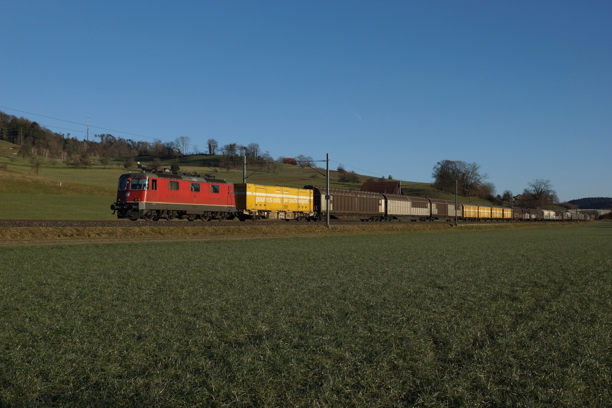 Re 4/4 II 1176 verlässt am 23.12.2013 Elgg in Richtung Schottikon.