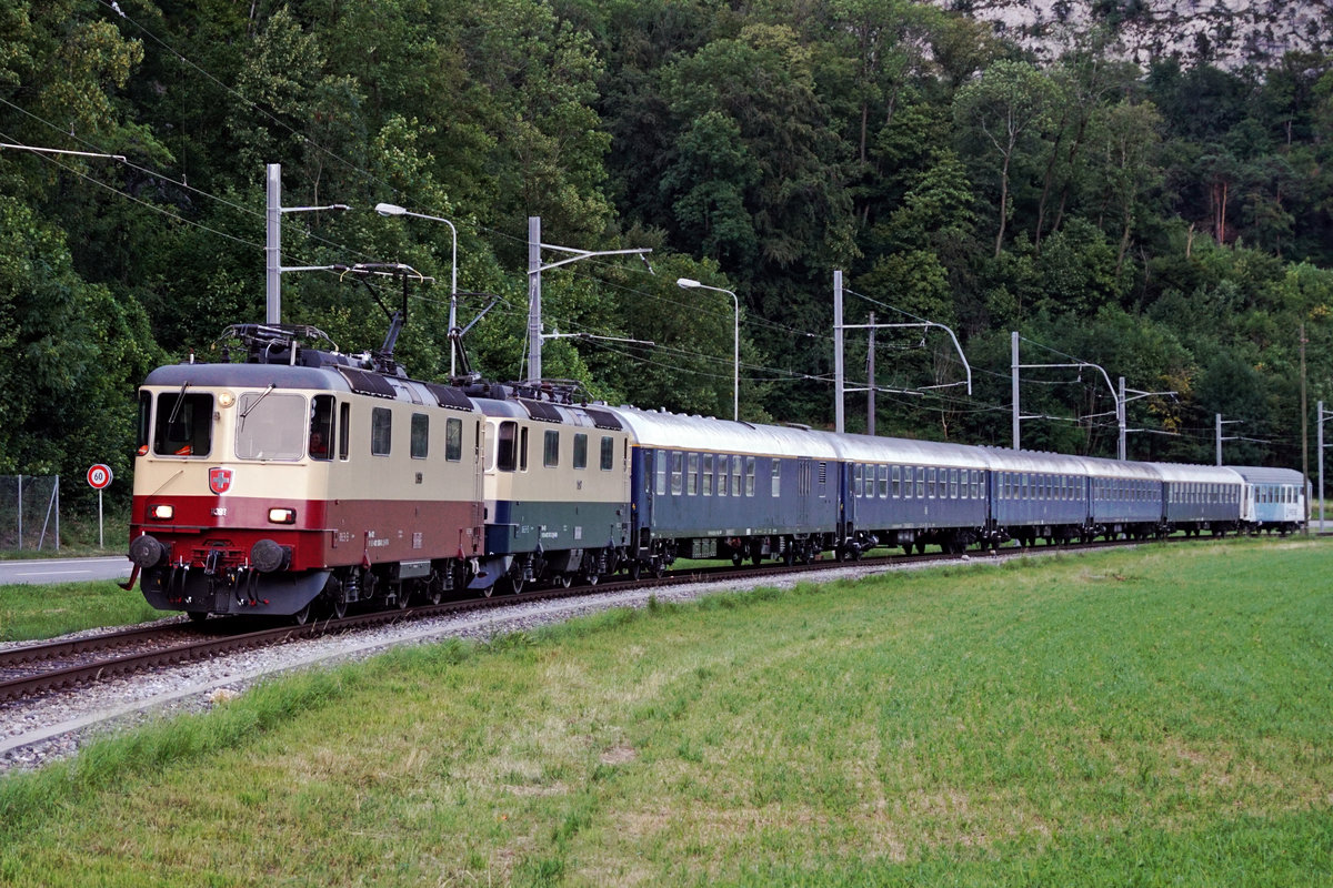 Re 4/4 II von Privaten.
Erst vor wenigen Tagen hat SBB CARGO NATIONAL sämtliche Re 421 und Re 430 aus dem Güterverkehr zurückgezogen. 
Nach wie vor im Gütereinsatz stehen diese robusten Lokomotiven bei TR Trans Rail mit den Re 421 387 und der Re 421 393.
Bei WRS Widmer Rail Services AG mit den 421 373-2, 421 381-5, 430 111-5, 430 112-3, 430 114-9 sowie 430 115-6.
Die Re 421 393 und Re 421 387 von TR Trans Rail mit dem sehr seltenen oder gar einmaligen Sonderzug aus Deutschland am späten Abend des 8. Juli 2020 auf der OeBB-Strecke anlässich der Fahrt nach Balsthal.
Foto: Walter Ruetsch