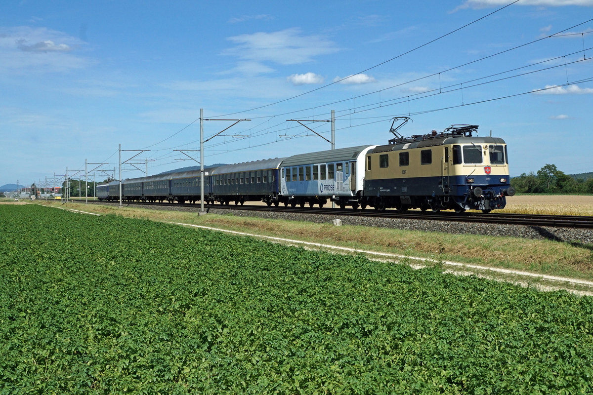 Re 4/4 II von Privaten.
Erst vor wenigen Tagen hat SBB CARGO NATIONAL sämtliche Re 421 und Re 430 aus dem Güterverkehr zurückgezogen. 
Nach wie vor im Gütereinsatz stehen diese robusten Lokomotiven bei TR Trans Rail mit den Re 421 387 und der Re 421 393.
Bei WRS Widmer Rail Services AG mit den 421 373-2, 421 381-5, 430 111-5, 430 112-3, 430 114-9 sowie 430 115-6.
Re 421 387 von TR Trans Rail mit dem Sonderzug aus Deutschland kurze Zeit vor dem Eintreffen in Oensingen am 8. Juli 2020.
Foto: Walter Ruetsch