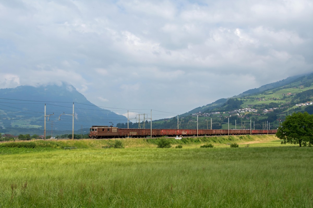 Re 4/4 Lok 195 der BLS mit einen Ganzzug aus Drahtrollen in Richtung Süden bei Steinen am 17.6.2015.