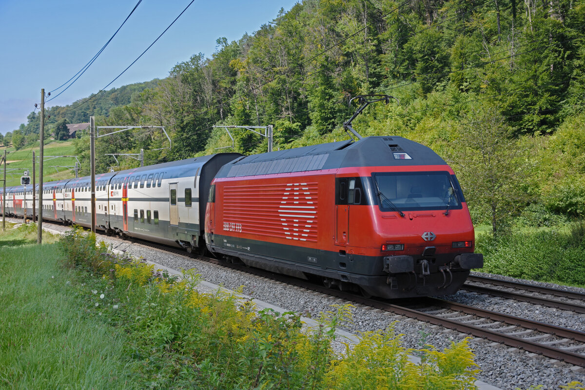 Re 460 015-1 fährt Richtung Bahnhof Gelterkinden. Die Aufnahme stammt vom 25.08.2021.