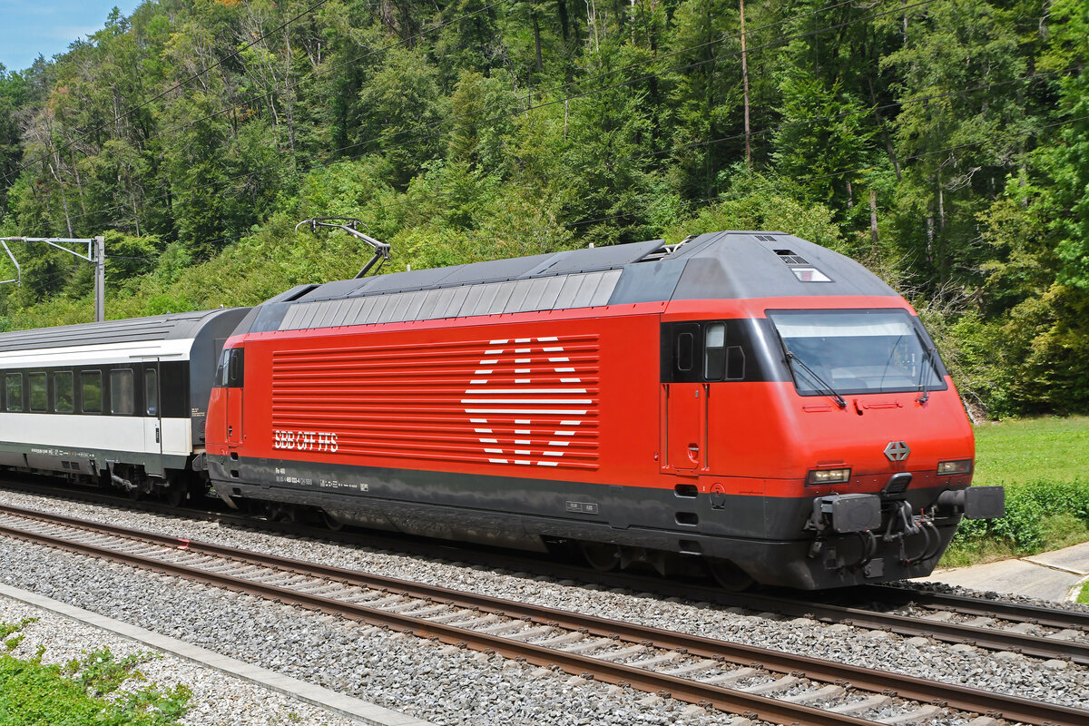 Re 460 033-4 fährt am 27.07.2023 Richtung Bahnhof Tecknau.