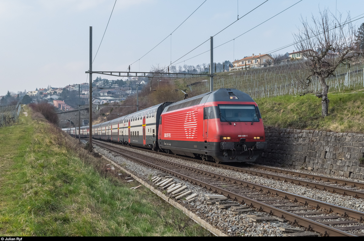 Re 460 039 mit einem IC Genève Aéroport - St. Gallen am 12. März 2016 kurz vor Bossière.