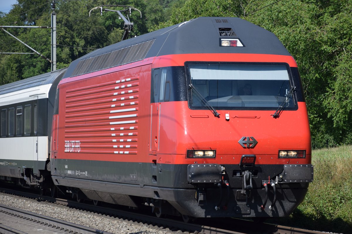 Re 460 042-5  Albis  fährt am 27.07.2018 von Basel herkommend bei Umiken die Bözberg-Südrampe hinunter und wird in wenigen Minuten Brugg erreichen.