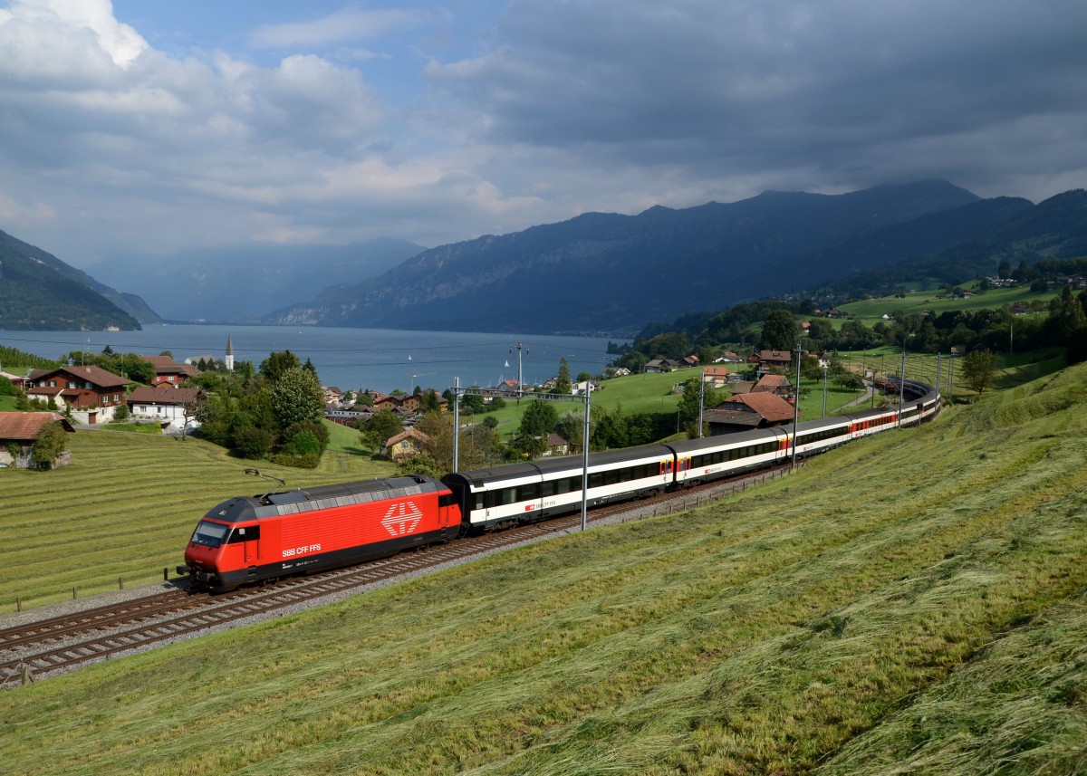 Re 460 055 mit einem IC nach Interlaken Ost am 30.08.2013 bei Faulensee.