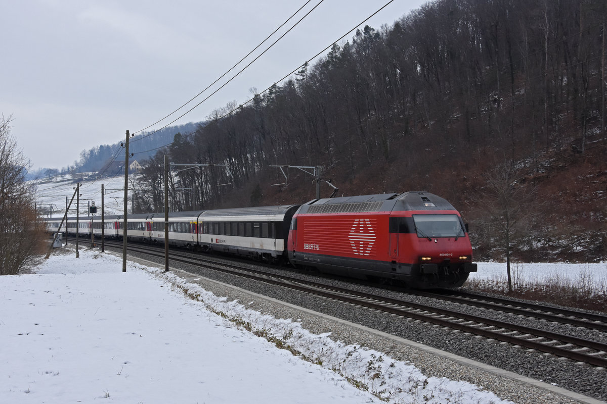 Re 460 091-2 fährt Richtung Bahnhof Tecknau. Die Aufnahme stammt vom 15.02.2021.