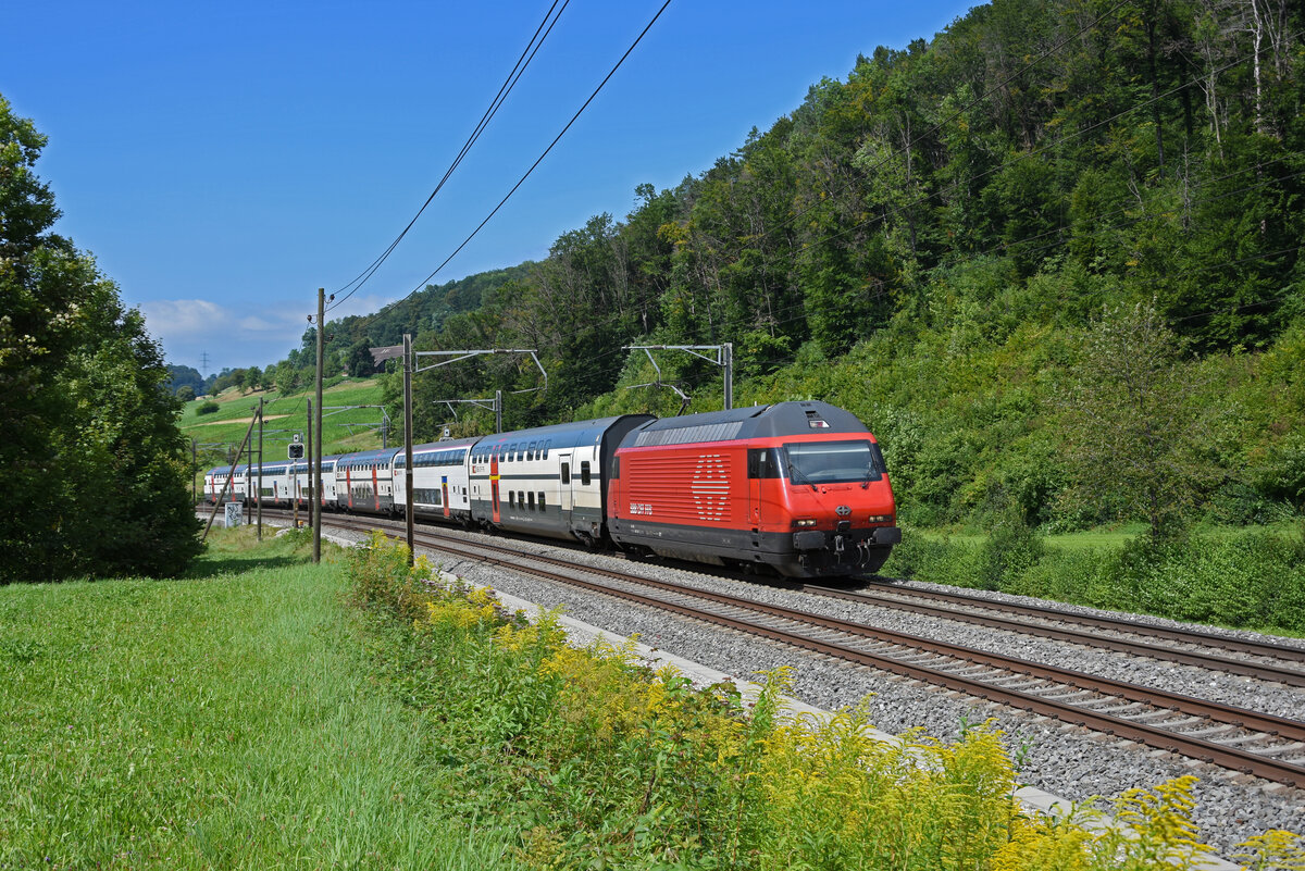 Re 460 102-7 fährt Richtung Bahnhof Tecknau. Die Aufnahme stammt vom 25.08.2021.
