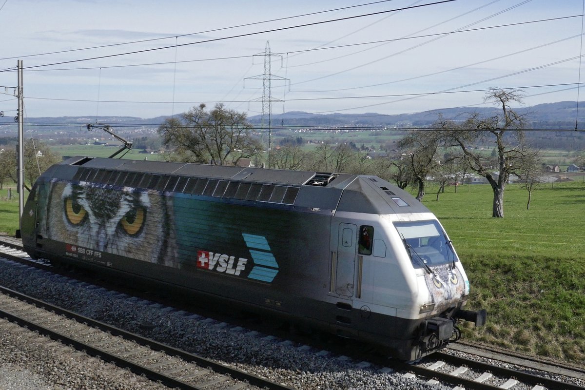 Re 460 105 an ihrem letzten Einsatztag mit der VSLF Werbung bei der Überführung als Lokzug von Zürich nach Flüelen, am 2.4.18 bei Mühlau.