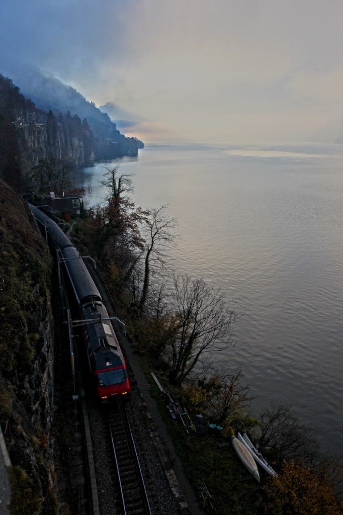 Re 460 xxx mit einem Ic schlängelt sich nahe der Wasserkante des Vierwaldstättersees vorbei.Bild Brunnen 22.11.2014