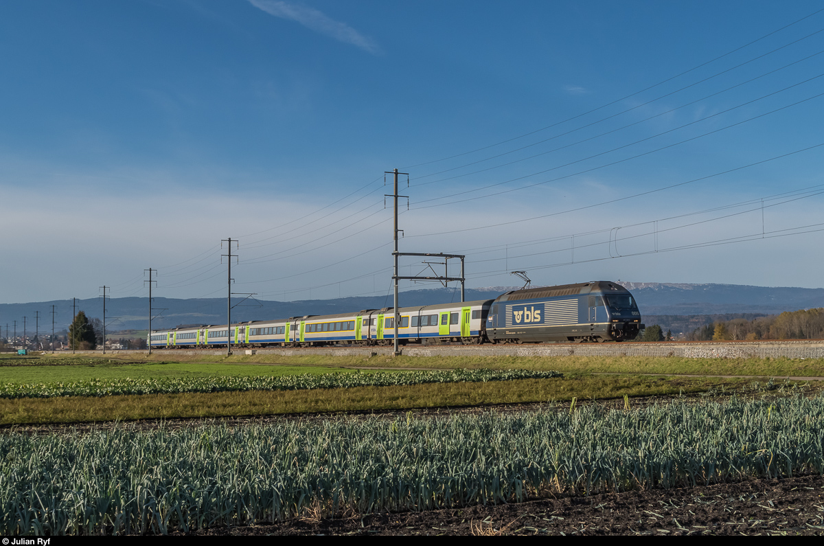 Re 465 006  Lauchernalp  durchquert am 20. November 2016 mit einem RE Neuchâtel - Bern bei Kerzers das Grosse Moos.