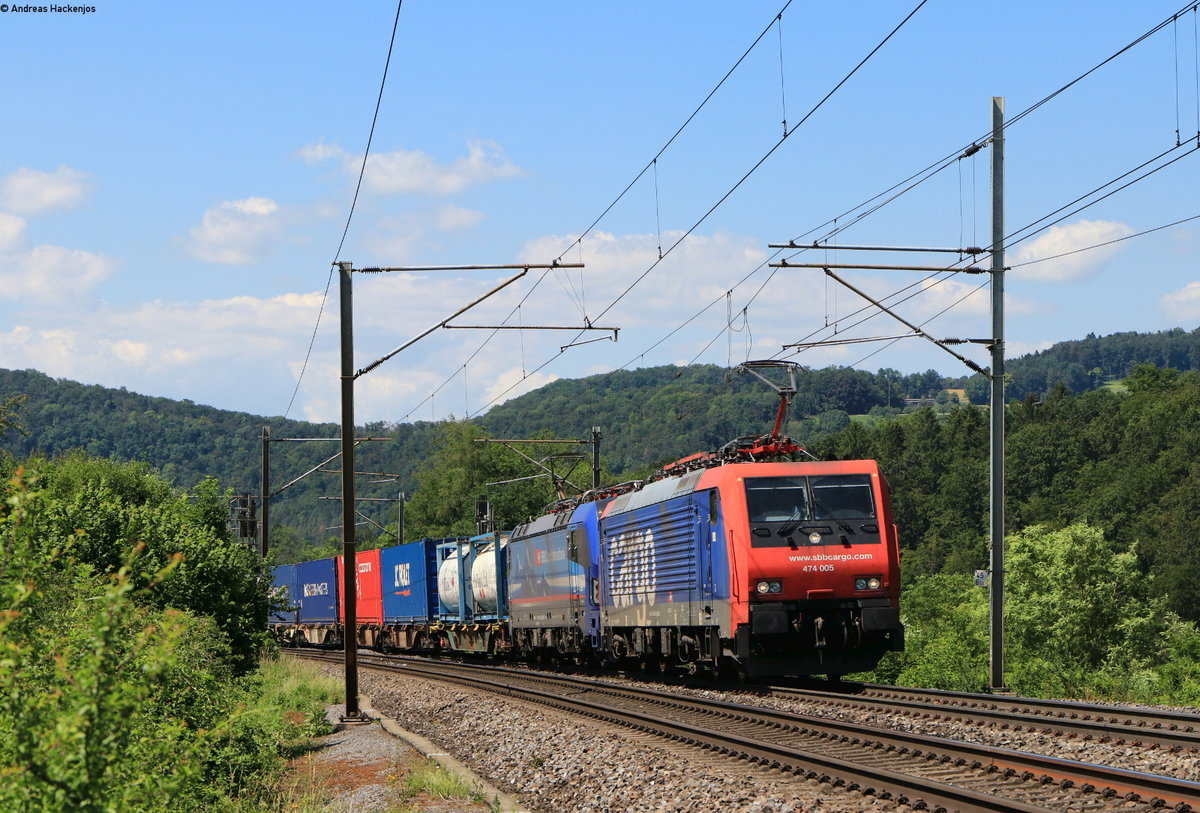 Re 474 005 und 193 526-1 mit dem 40043 (Zeebrugge Vorming-Milano SM) bei Zeihen 23.6.20
