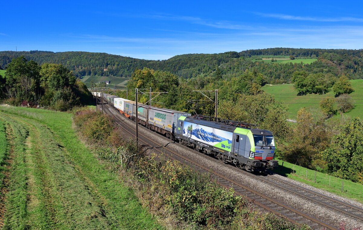 Re 475 421 mit einem Containerzug am 05.10.2022 bei Hornussen.