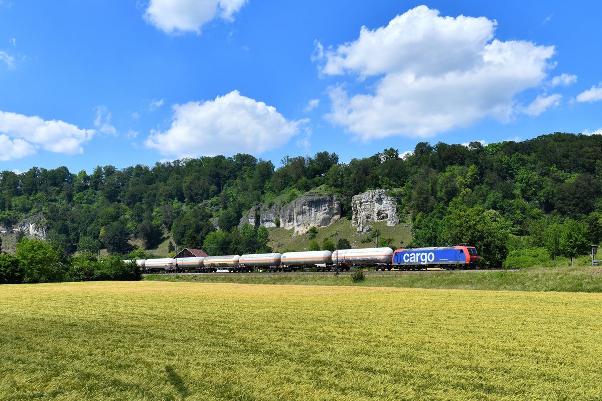 Re 482 014 mit einem Gaskesselzug am 18.06.2019 bei Hagenacker. 