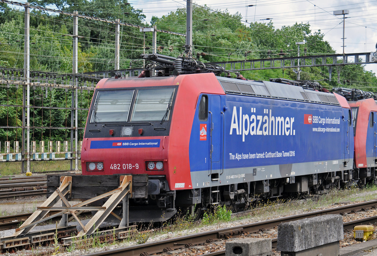 Re 482 018-9 ist beim Güterbahnhof Muttenz abgestellt. Die Aufnahme stammt vom 21.08.2016.