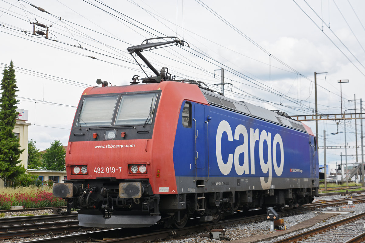 Re 482 019-7 durchfährt den Bahnhof Pratteln. Die Aufnahme stammt vom 27.05.2019.