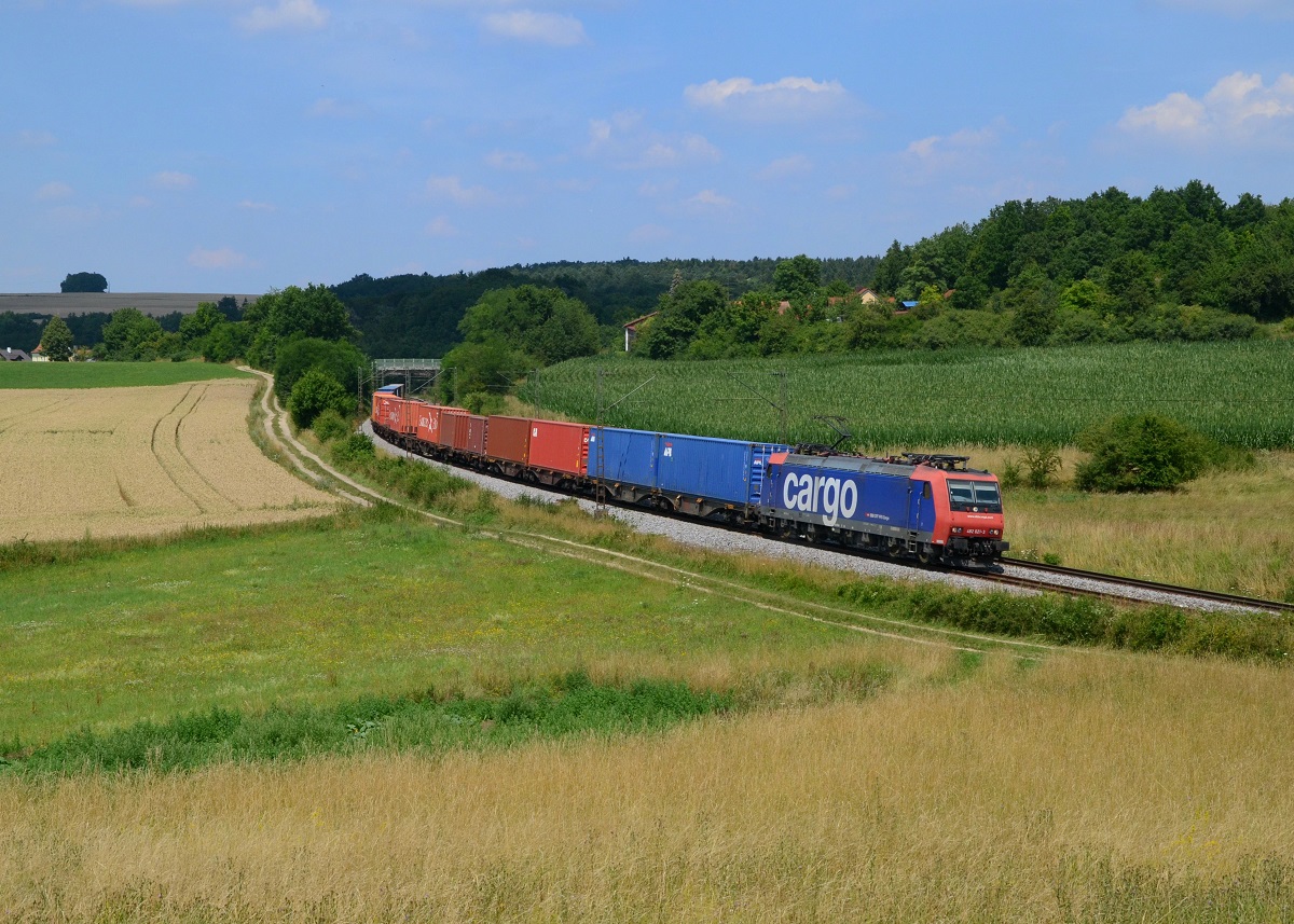 Re 482 021 mit einem Containerzug am 18.07.2014 bei Edlhausen. 