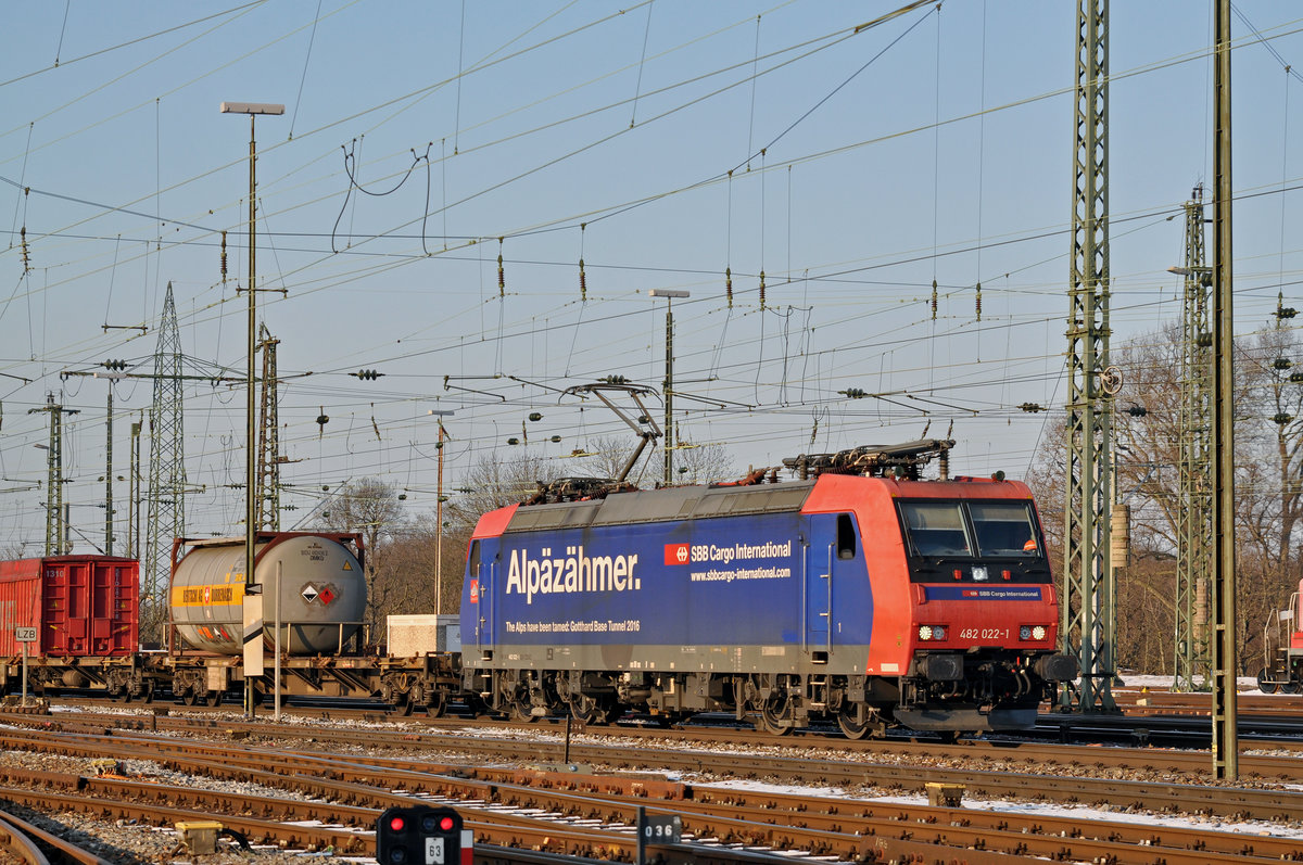 Re 482 022-1 durchfährt den Badischen Bahnhof. Das abzweigende Gleis führt auf einen Parkplatz, von wo aus auch diese Aufnahme am 18.01.2017 entstand.