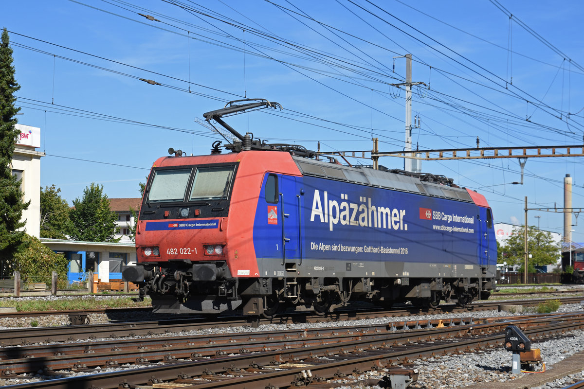 Re 482 022-1 durchfährt solo den Bahnhof Pratteln. Die Aufnahme stammt vom 13.09.2019.