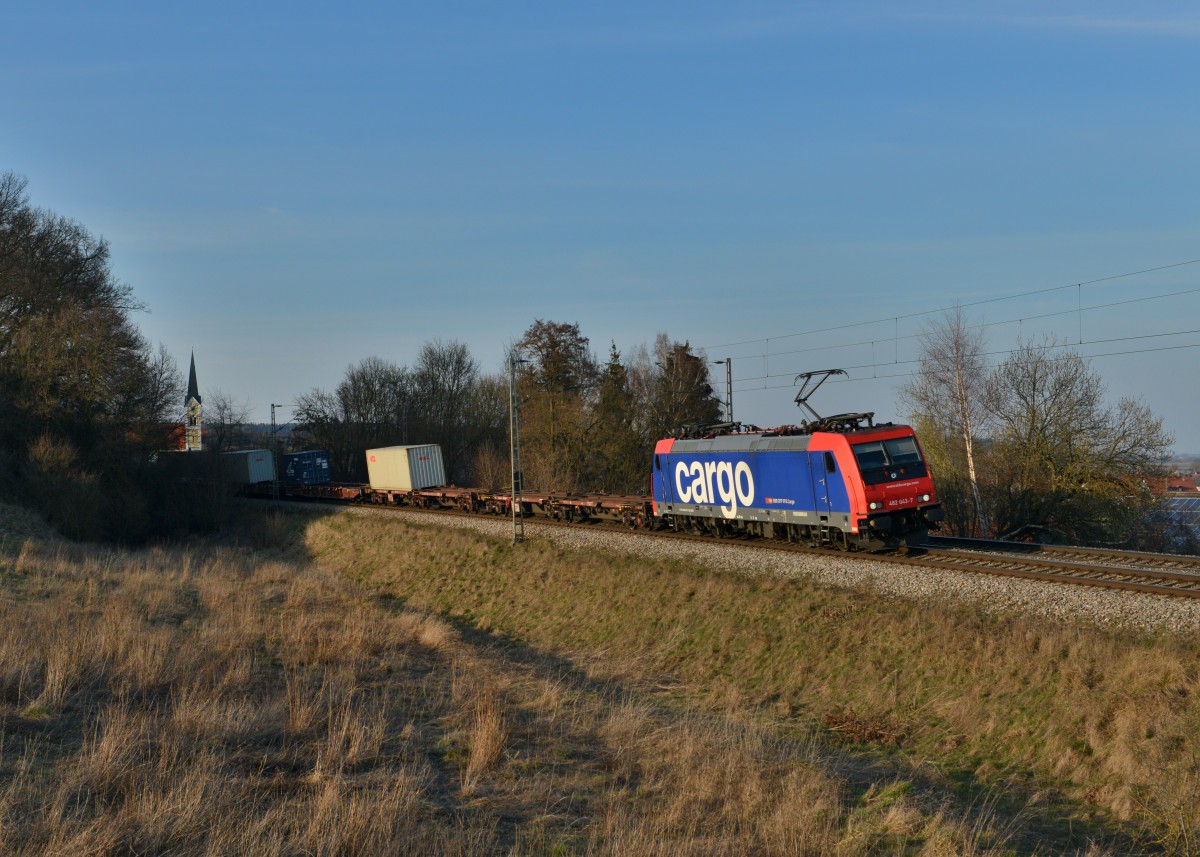 Re 482 043 mit einem Containerzug am 14.03.2016 bei Fahlenbach. 