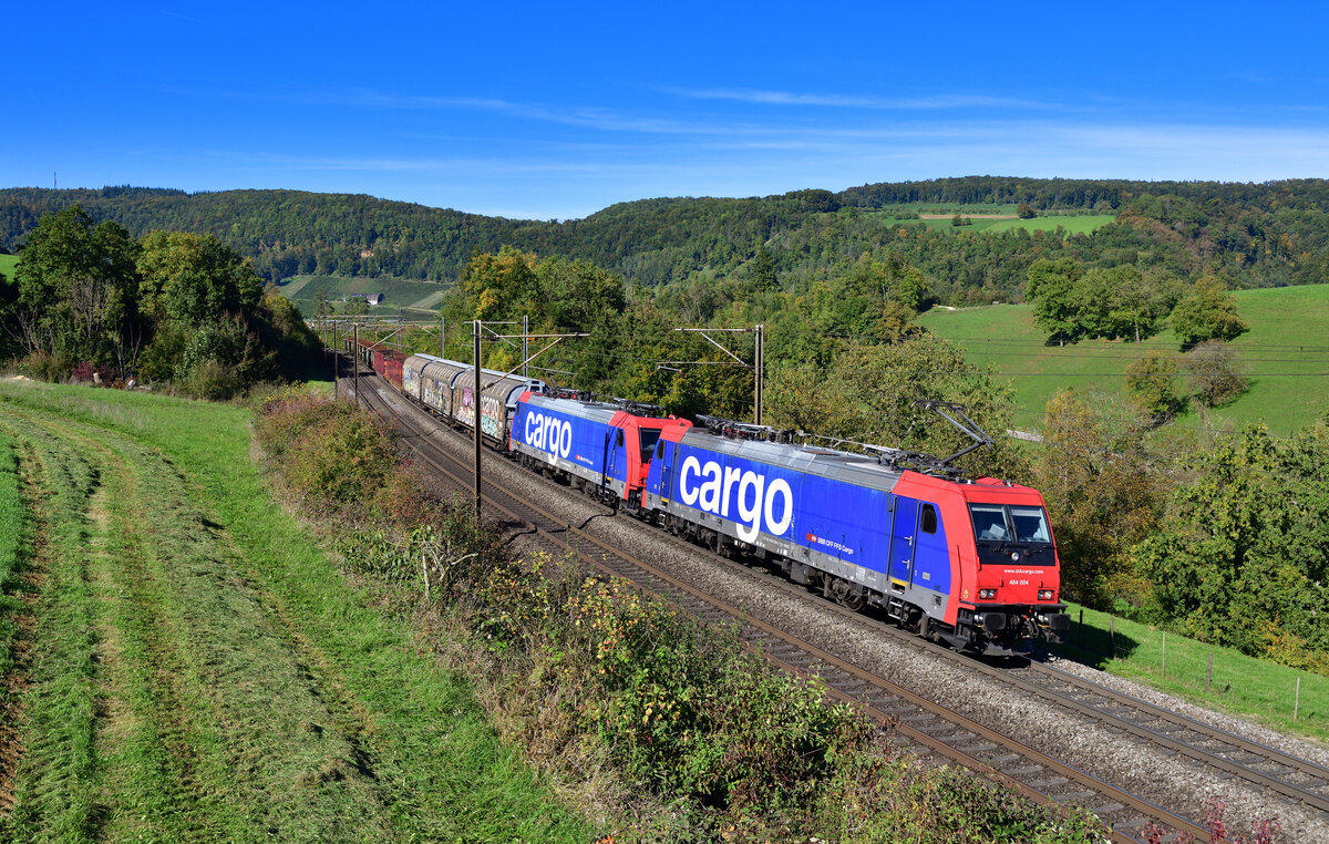 Re 484 004 + Re 484 008 mit einem Güterzug am 05.10.2022 bei Hornussen.