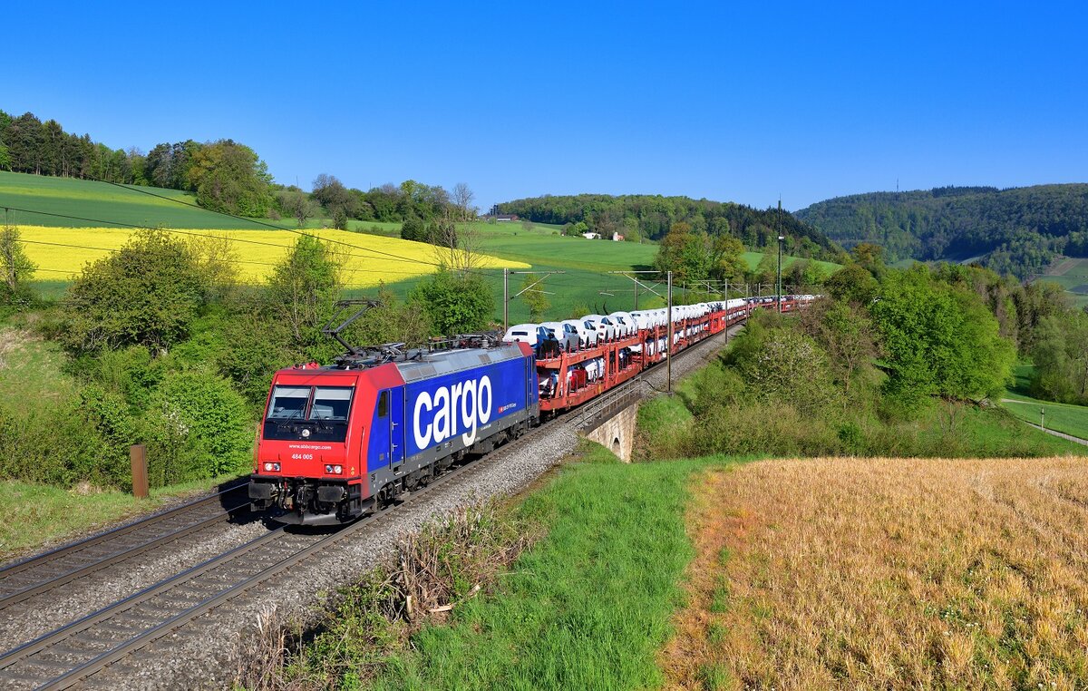 Re 484 005 mit einem Autozug am 28.04.2022 bei Hornussen.