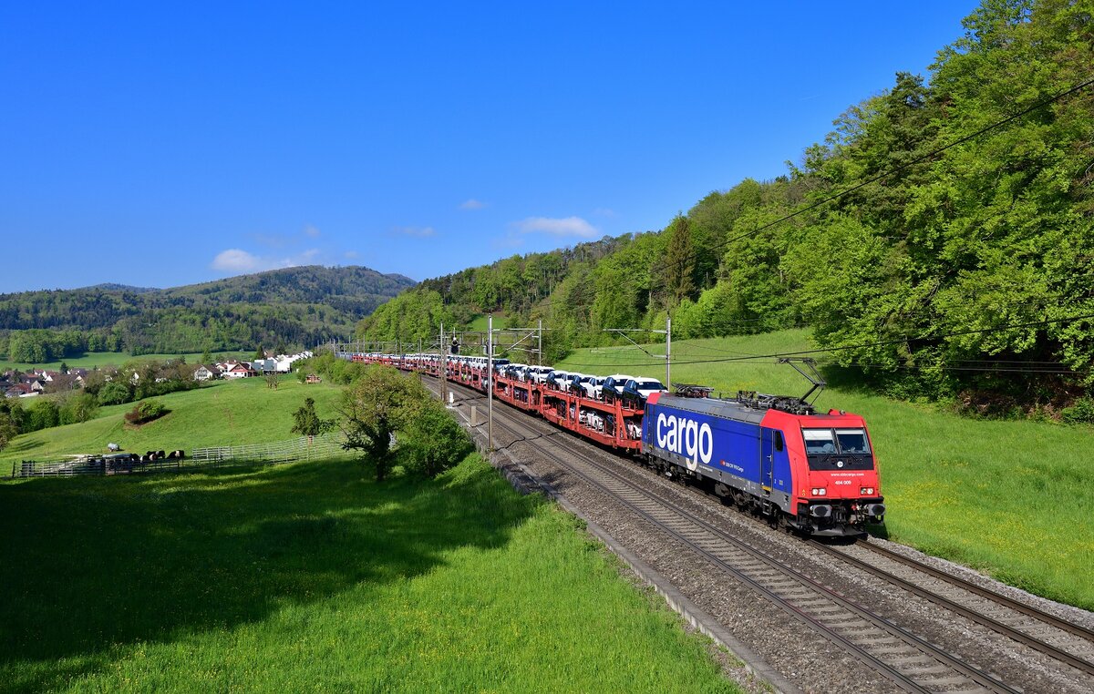 Re 484 009 mit einem Autozug am 27.04.2022 bei Villnachern.