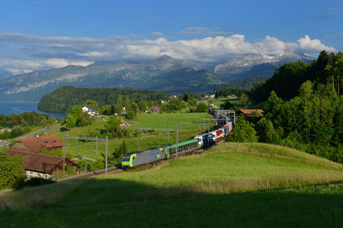 Re 485 003 mit einer RoLa am 10.06.2017 bei Einigen. 