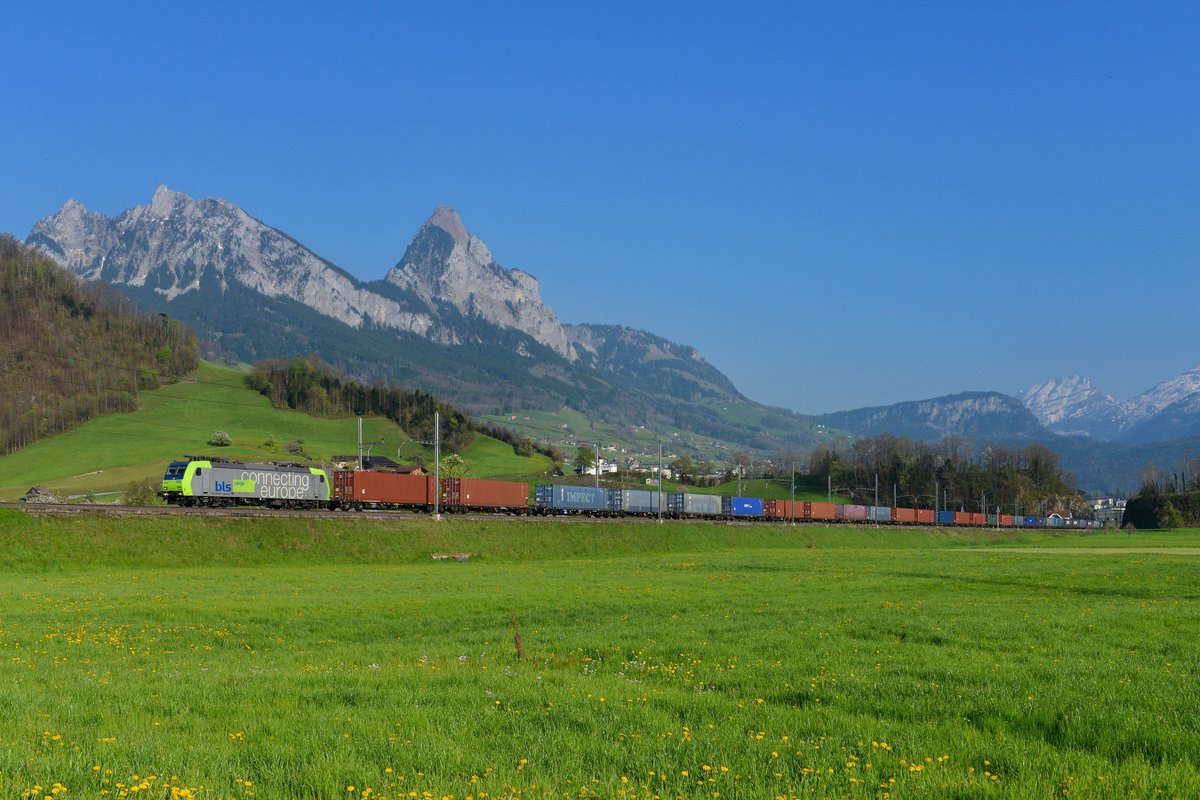 Re 485 006 mit einem Containerzug am 08.04.2017 bei Steinen. 