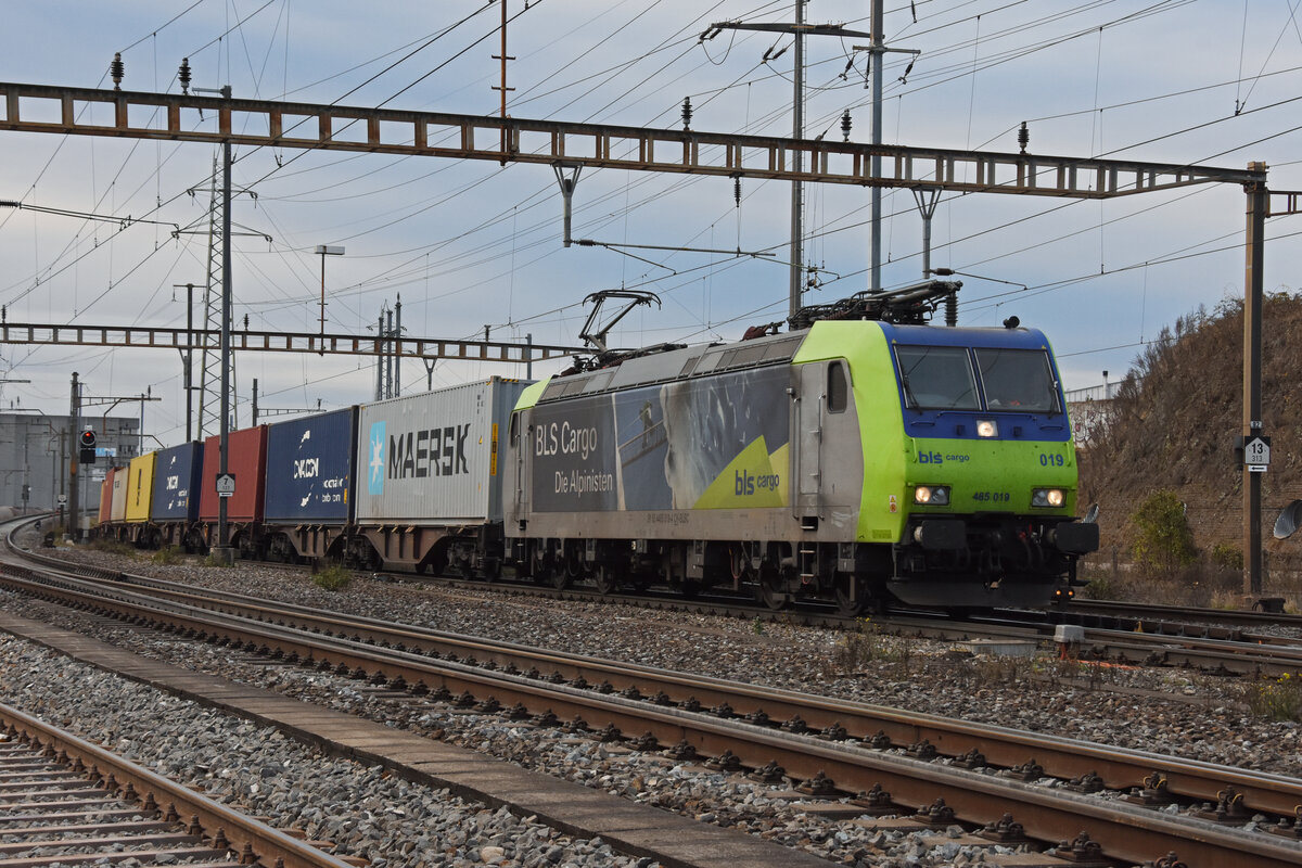 Re 485 019-4 der BLS durchfährt den Bahnhof Pratteln. Die Aufnahme stammt vom 03.12.2021.