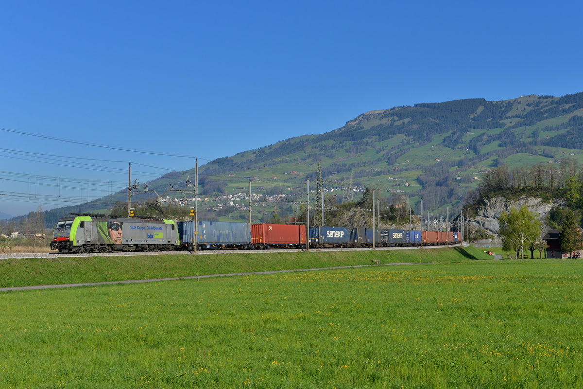 Re 486 502 mit einem Containerzug am 08.04.2017 bei Steinen. 