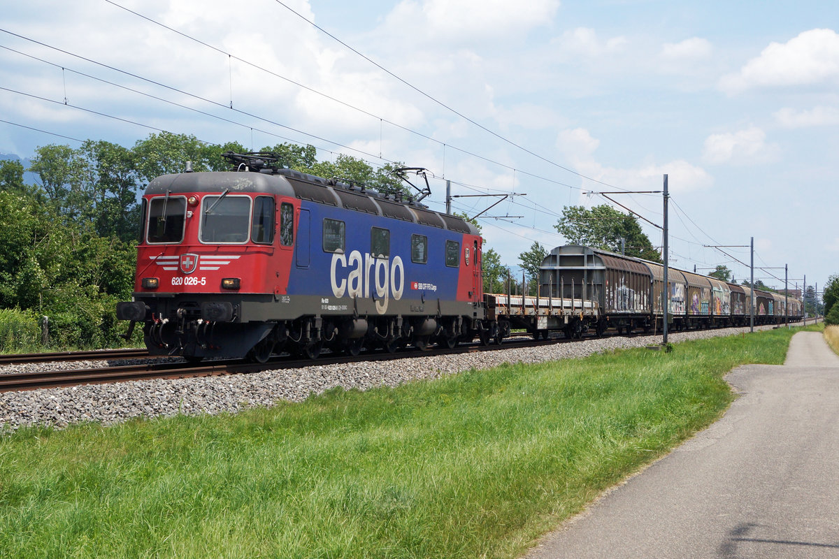 Re 620 026-5  Zollikofen  mit gemischter Güterlast bei Selzach am 26. Juni 2020.
Foto: Walter Ruetsch
