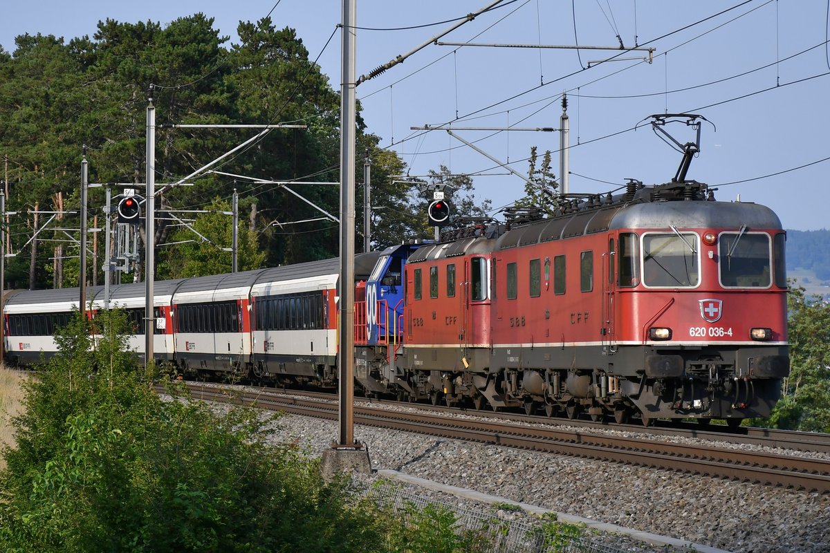Re 620 036-4  Vernier-Meyrin  ist am Abend des 10.08.2020 mit einer unerkannten Bo'Bo' und einer Am 843 im Schlepp unterwegs nach Basel, aufgenommen zwischen Villnachern und Schinznach-Dorf AG. Gruss zurück an den Lokführer 😃
