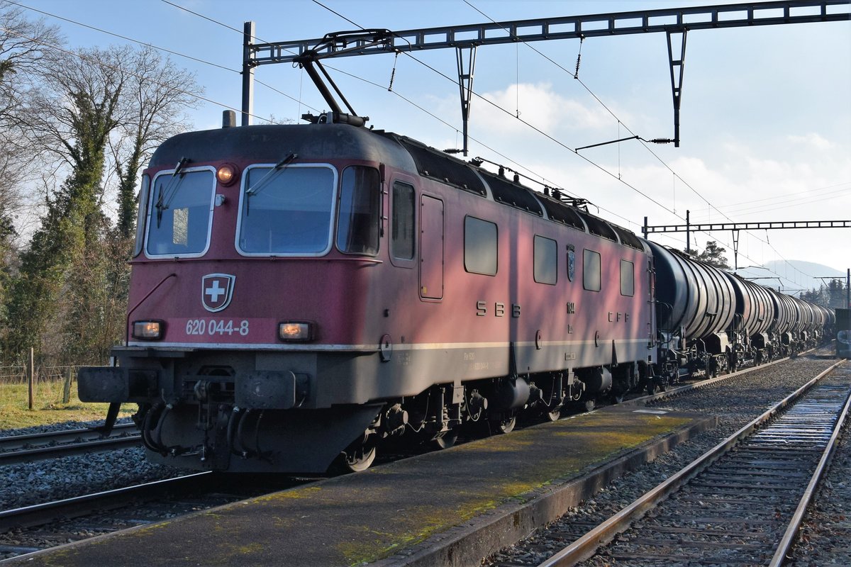 Re 620 044-8  Cornaux  zieht am 19.01.2019 einen Kesselzug durch Hornussen auf der Bözberg Nordrampe in Richtung Basel.