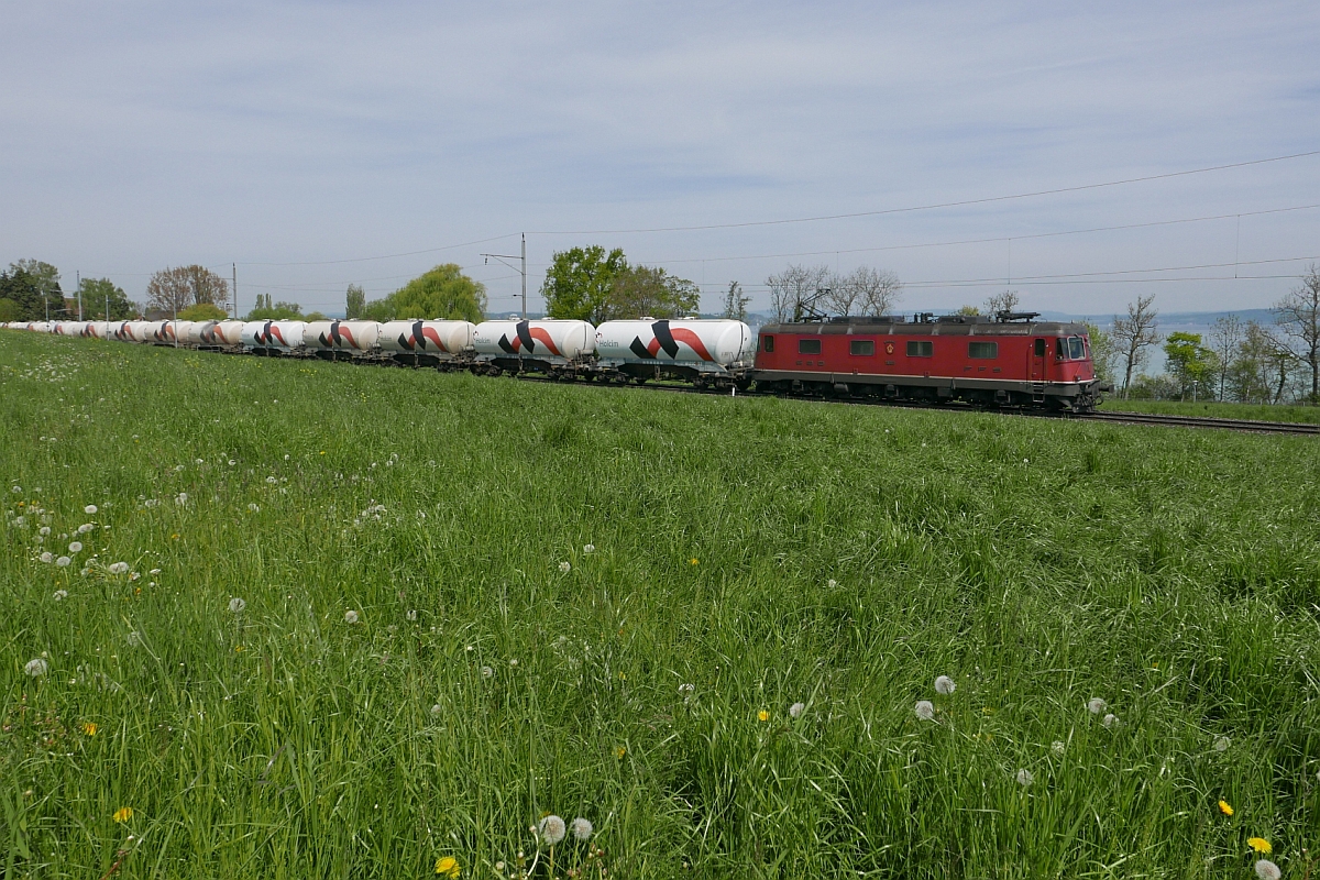 Re 6/6, 11603, WDENSWIL hat am 30.04.2016 die von der HzL nach Konstanz gebrachten Wagen bernommen und zieht diese bei Mnsterlingen in Richtung Romanshorn.