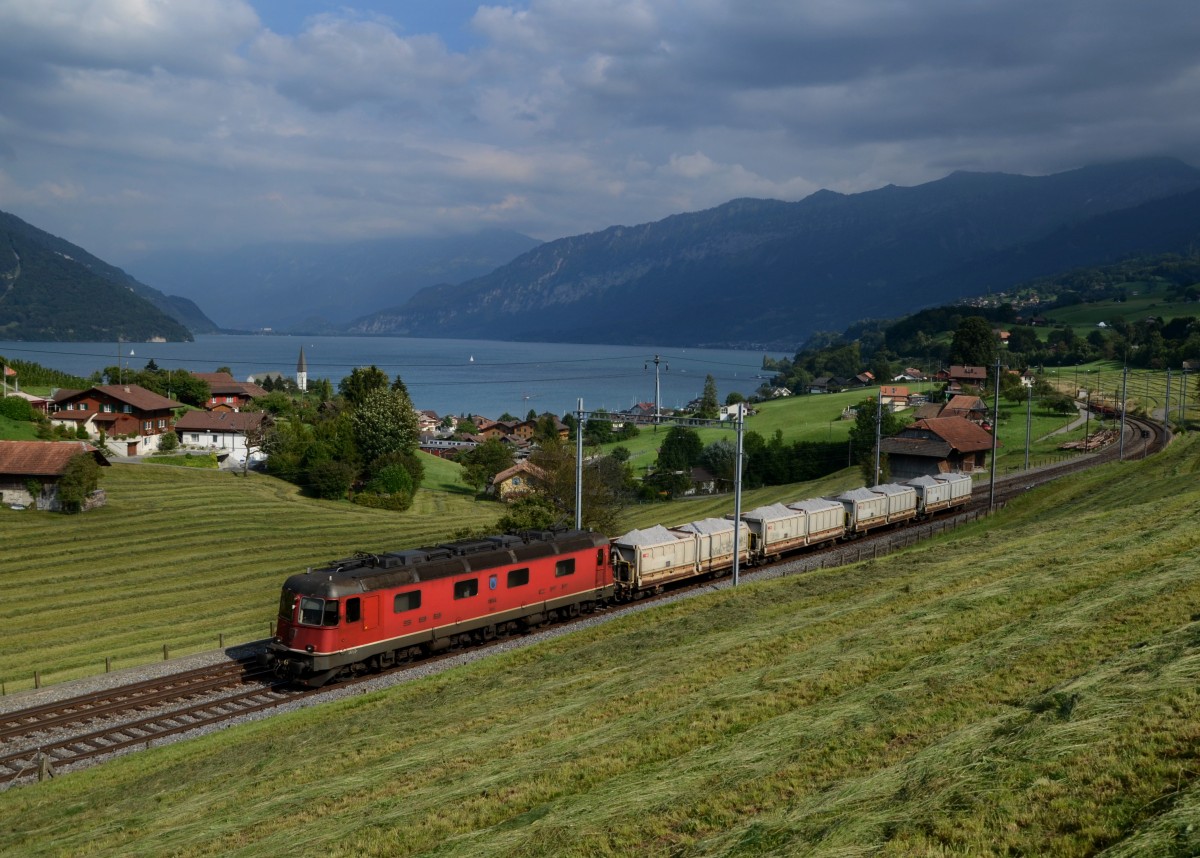 Re 6/6 11644 mit einem kurzen Güterzug am 30.08.2013 bei Faulensee.