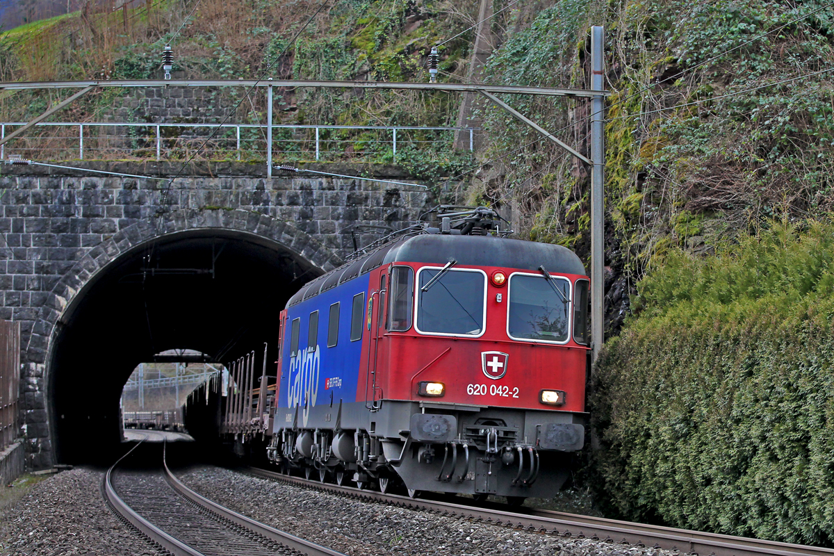 Re 6/6 620 042-2 verlässt einen Kurztunnel in Murg mit einem langen Schienenzug.Bild vom 16.1.2015

