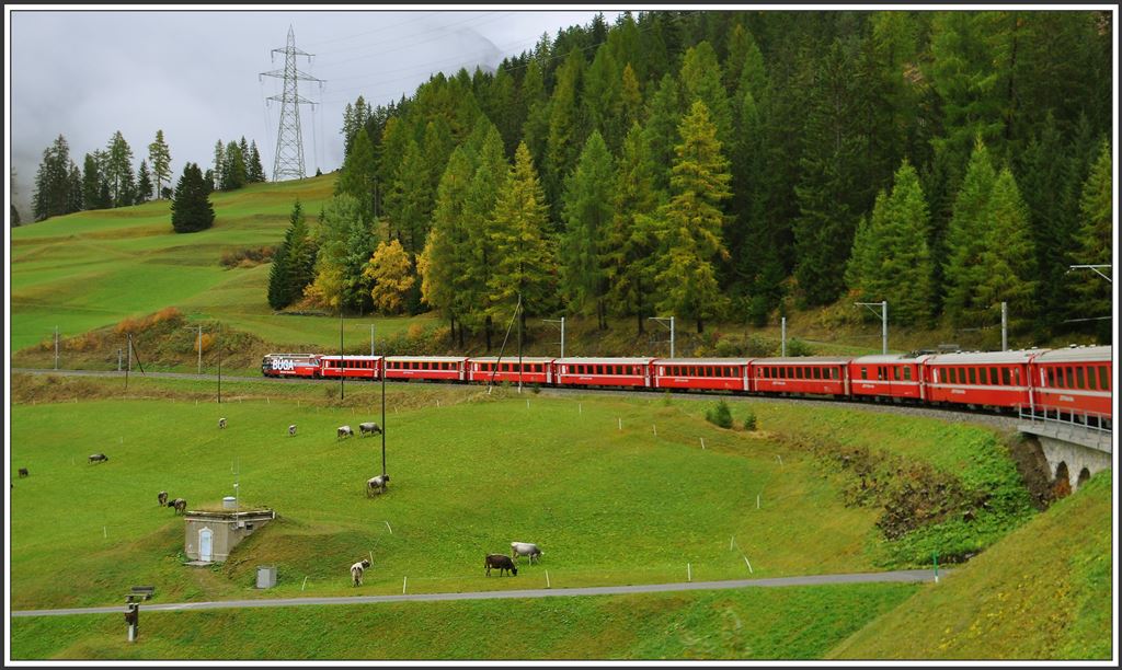 RE1129 mit Ge 4/4 III 646  Sta.Maria/Val Müstair  oberhalb von Bergün. (07.10.2015)