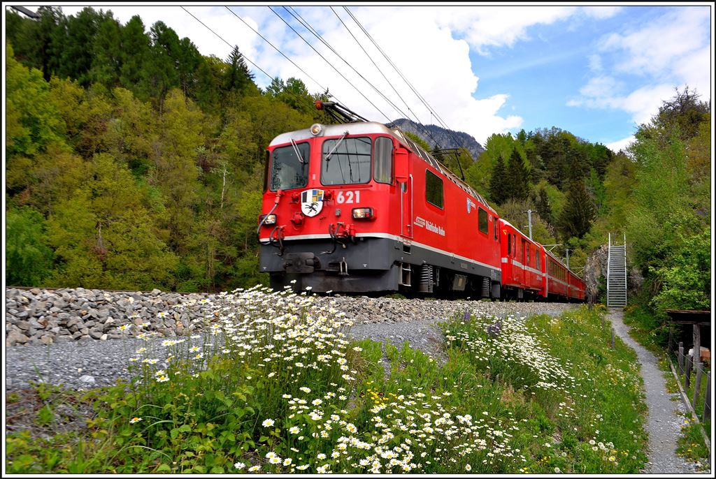 RE1236 mit Ge 4/4 II 621  Felsberg  unweit von Reichenau-Tamins. (01.05.2014)
