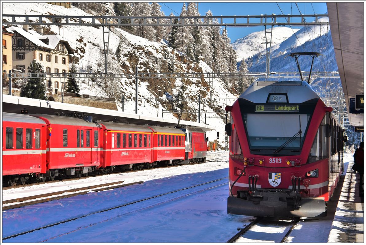 RE1334 nach Landquart mit ABe 8/12 3513 und RE1136 mit Ge 4/4 III 651  Fideris  nach Chur in St.Moritz. (08.11.2016)