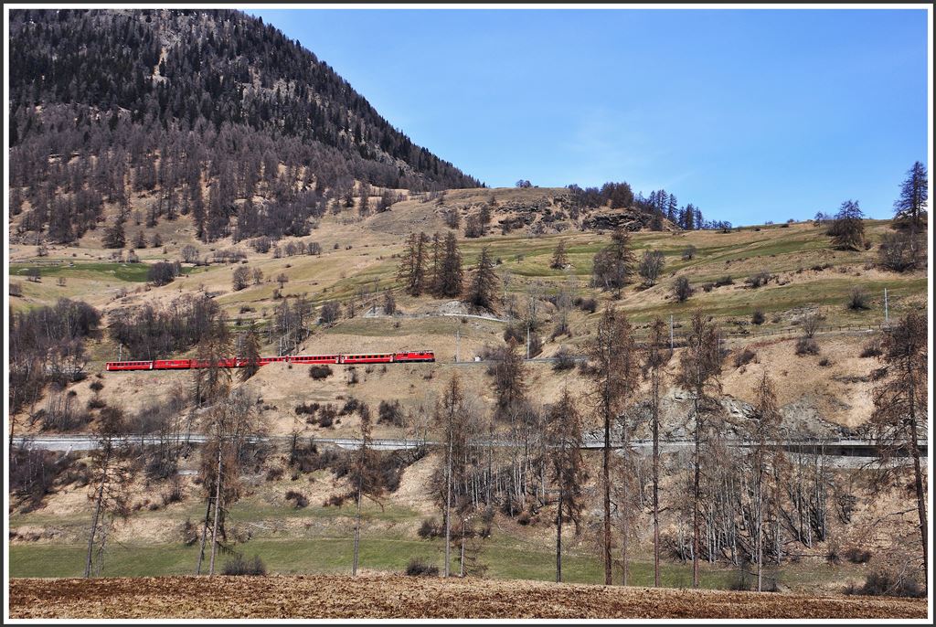 RE1342 mit der Ge 4/4 II 631  Untervaz  zwischen Lavin und Guarda. (10.04.2015)