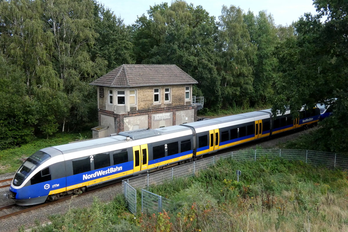 RE14 VT118 (Talent)der Nord Westbahn, Einfahrt in Borken(Westf) am 09.08.2018; im Hintergrund das vorhandenen Stellwerke soll bis 2018 durch ein elektronisches Stellwerk mit Bedienplatz im Bahnhof Coesfeld (Westf) ersetzt werden.
